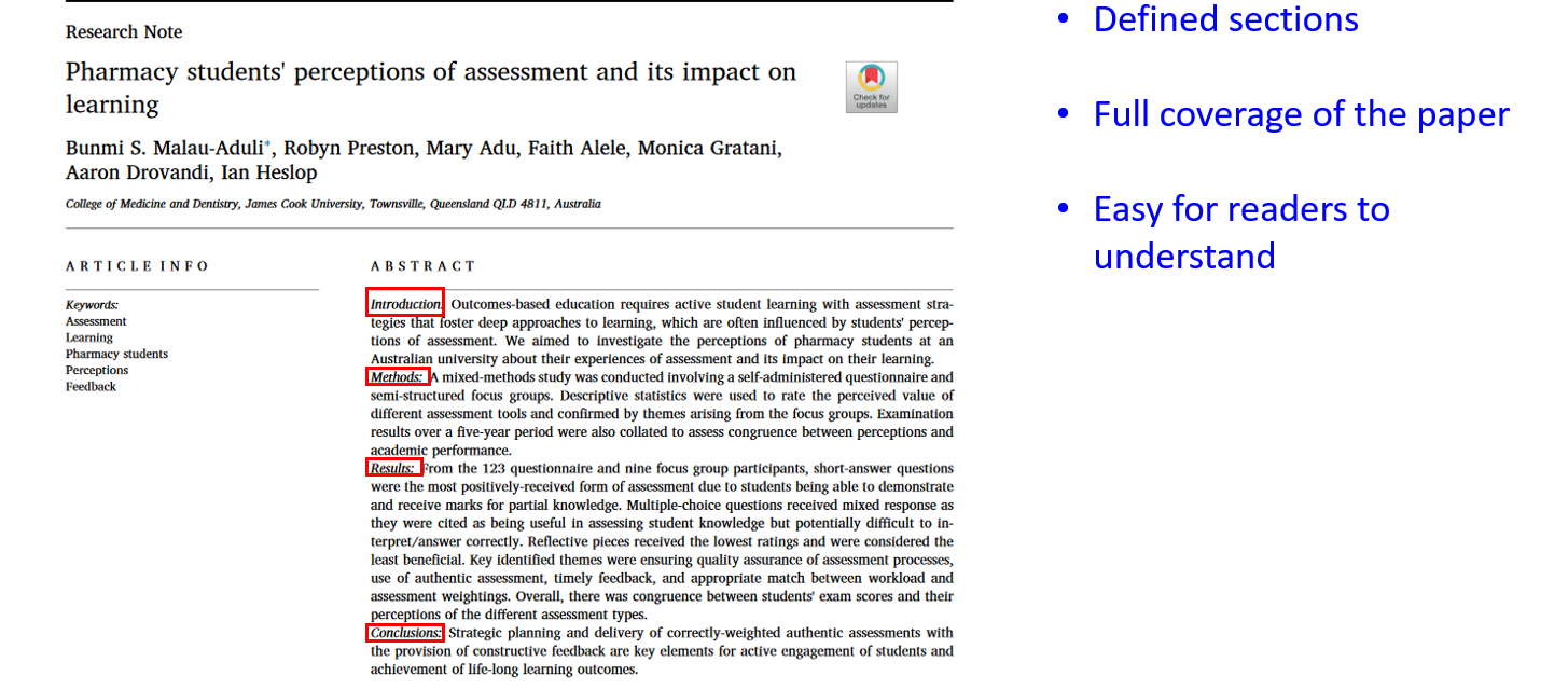 A screenshot of a research paper, highlighting the parts of a structured abstract. Including; defined sections, full coverage of the paper and easy for readers to understand.