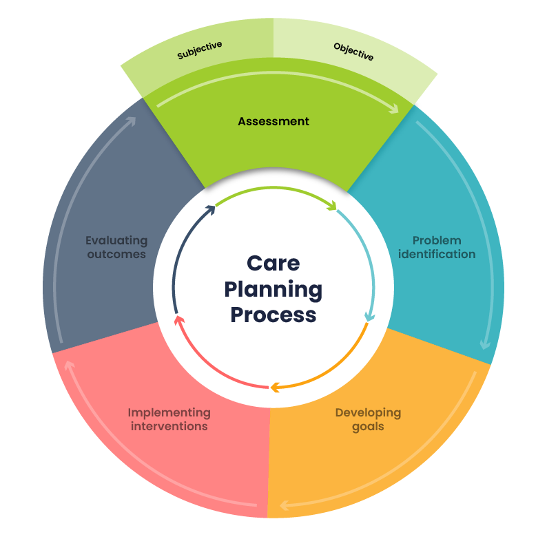 A circular model of a nursing process containing five steps: Assessment, problem identification, developing goals, implementing interventions, and evaluating outcomes. Each step is displayed as an equal portion in a donut shape with arrows that lead in a clockwise direction. The top ‘assessment’ step is raised and clearer than the other faded steps. A smaller subjective and objective portion is connected to this assessment step.