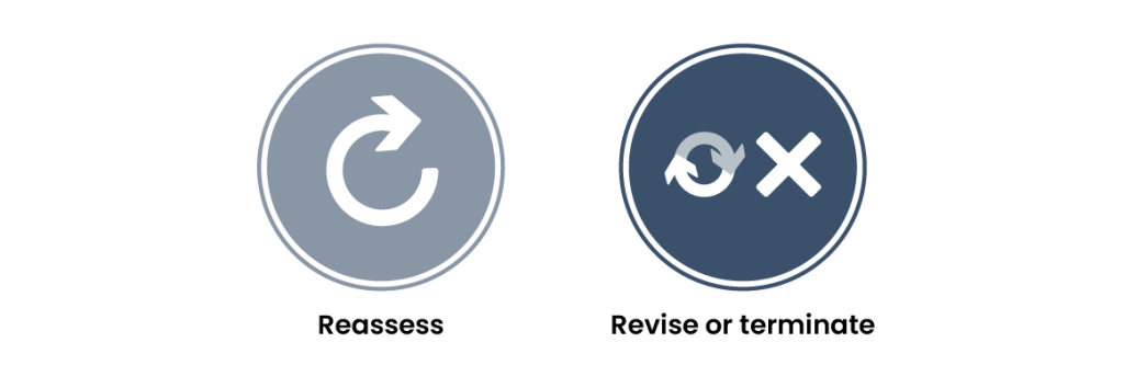 One row of neutral blue circles containing icons representing evaluation types for the care planning process. From left to right, the circles are: Reassess and revise or terminate.