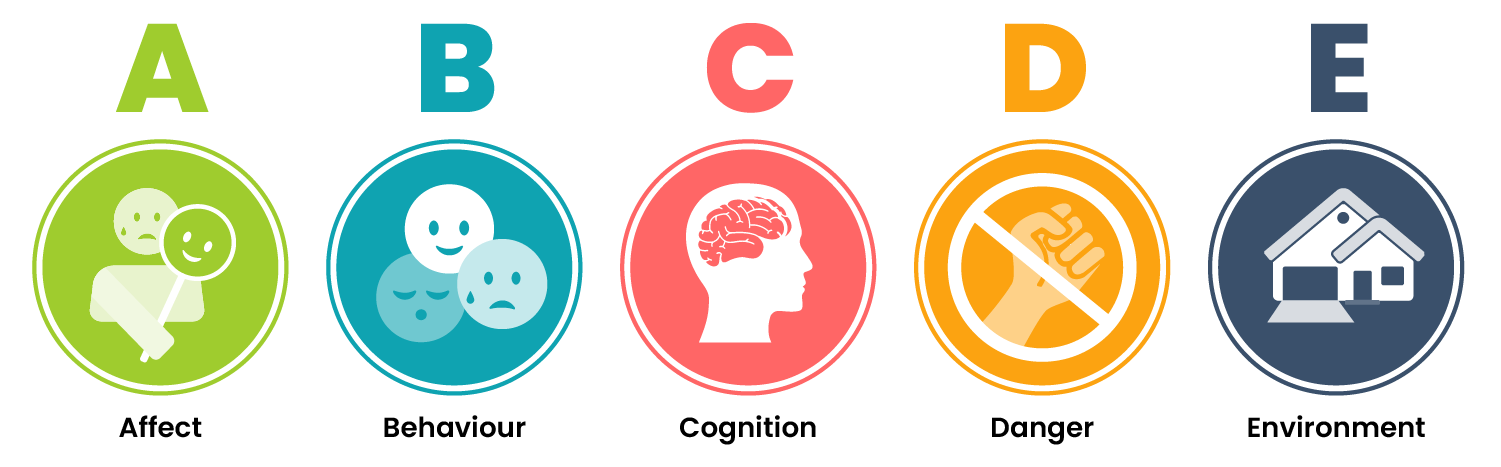 One row of coloured circles contains icons representing the ABCDE assessment. From left to right, the circles represent affect, behaviour, cognition, danger, and environment.