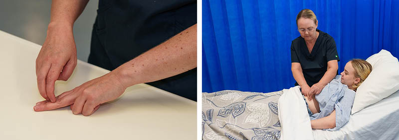 Two photos displayed side-by-side. On the left, a nurse indirectly demonstrates the percussion technique with their hands. On the right, a nurse performs the technique on a patient’s stomach.