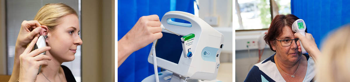 Three photos in a row depicting different thermometers. From left to right, there is a close-up photo of a nurse’s hands holding a thermometer to a patient’s ear, a close-up photo of a hand reaching for the oral thermometer, and a close-up photo of a nurse’s hand holding a thermometer to a patient’s forehead.