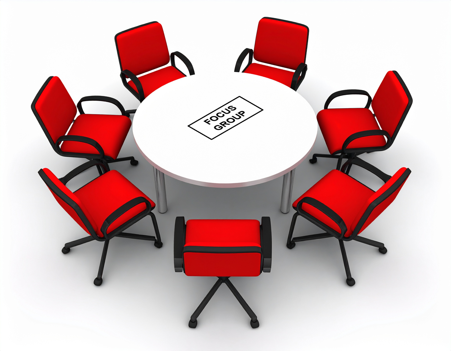 Seven red chairs around a white table with a sign focus group in the middle.
