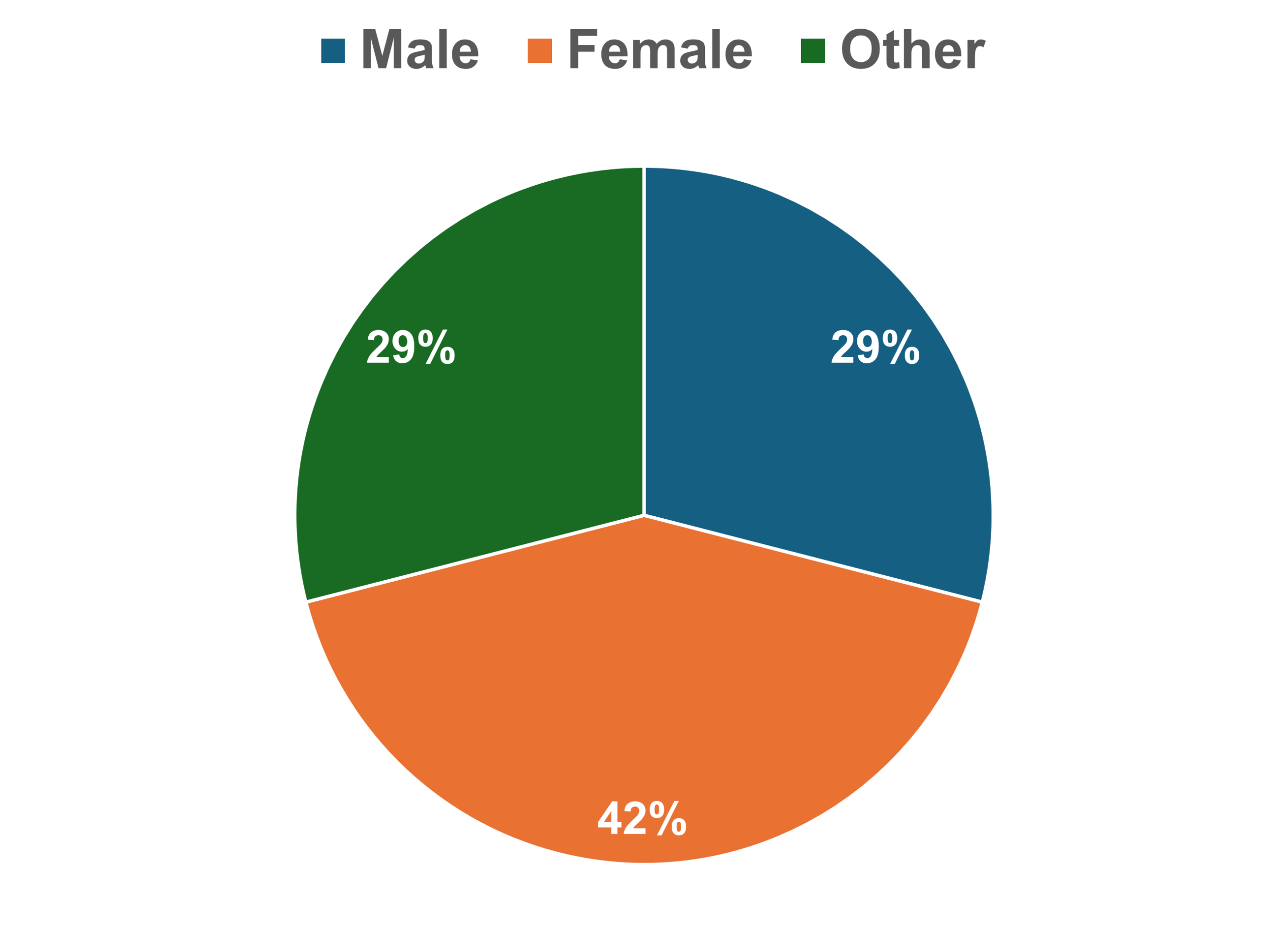 a pie chart showing gender distributin where n equals seventeen. twenty nine percent male, forty two percent female and twenty nine percent who do not identify as male or female
