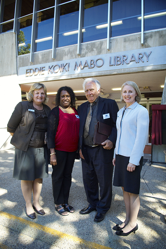 Heather Gordon, Director, Library & Information Services, Gail Mabo, James Birrell, and JCU Vice Chancellor & President Sandra Harding pictured outside the newly named Eddie Koiki Mabo Library