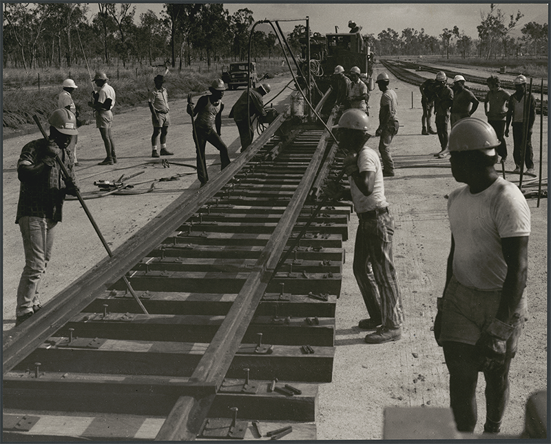Torres Strait Islander workmen laying railway tracks in 1973