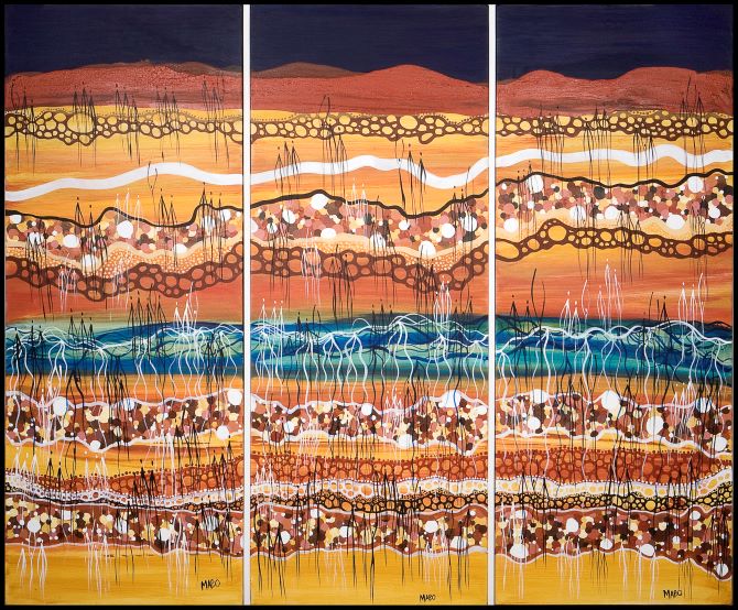 Three panelled artwork depicting layers of earth, rocks, water and lyrical humanlike figures as a landscape.