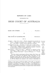 Photograph of the first page of the Reports of Casses Determined in the High Court of Ausralia, showing the pltaintiffs as "Mabo and Others" and the Defendant as "The State of Queensland"