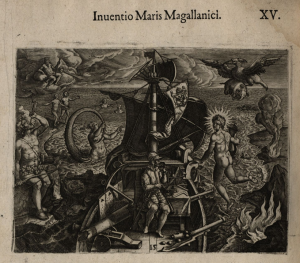 Illustration of Magellan entering the Pacific, published in Theodore De Bry, America part IV, 1594