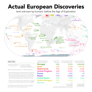 Map showing discoveries of previously unknown lands by Europeans