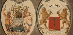 Painting of shields representing the Dutch East India Company and the port of Batavia