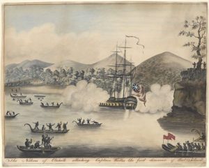 Painting showing violent conflict between Wallis's ship and Tahitians