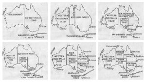 montage of maps showing progress of Australian settlement.