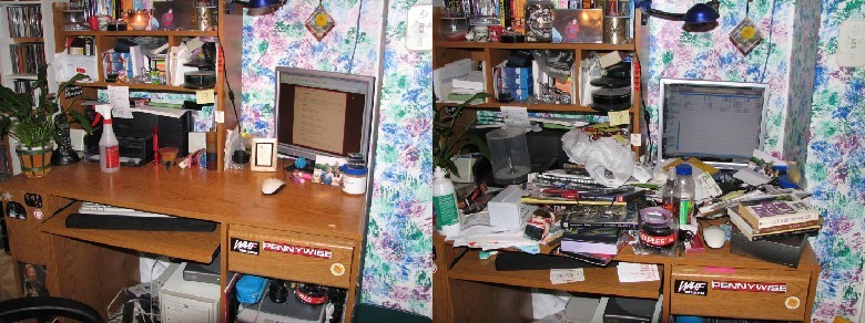 Two images of a study space - one tidy and one messy