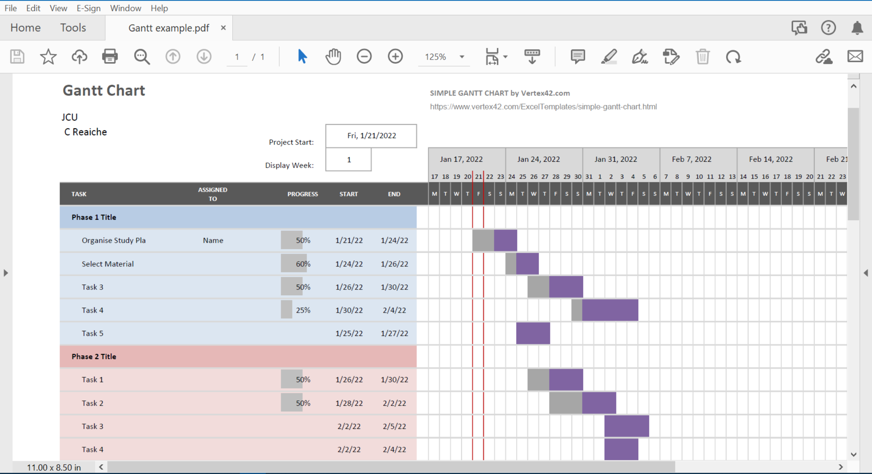 Gantt chart example showing the project broken down into tasks, who each task is assigned to and the dates for start, end and horizonal bars to show progress by date