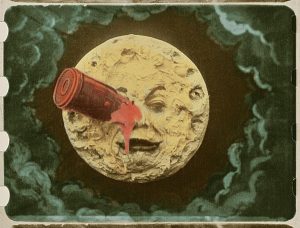drawing of the moon with a bottle stuck in one eye