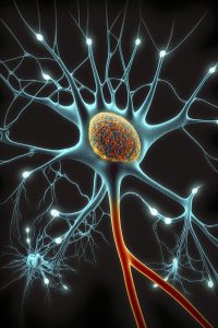 A neuron in a stylised manner showing the movement of electricity.