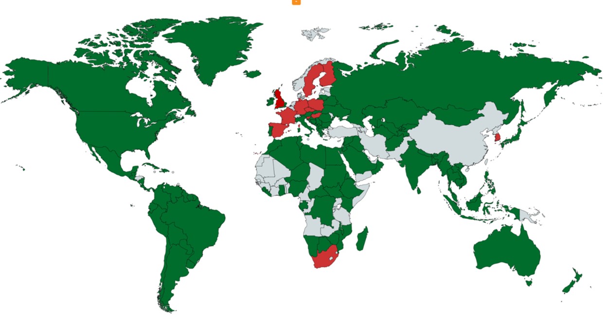 Cases of CEM in red reported to the WOAH from 2015-2020. The dark green areas have stated that they don't have cases of CEM within this time period. Note England has recently reported cases of CEM in a stallion a farm with 26 horses.