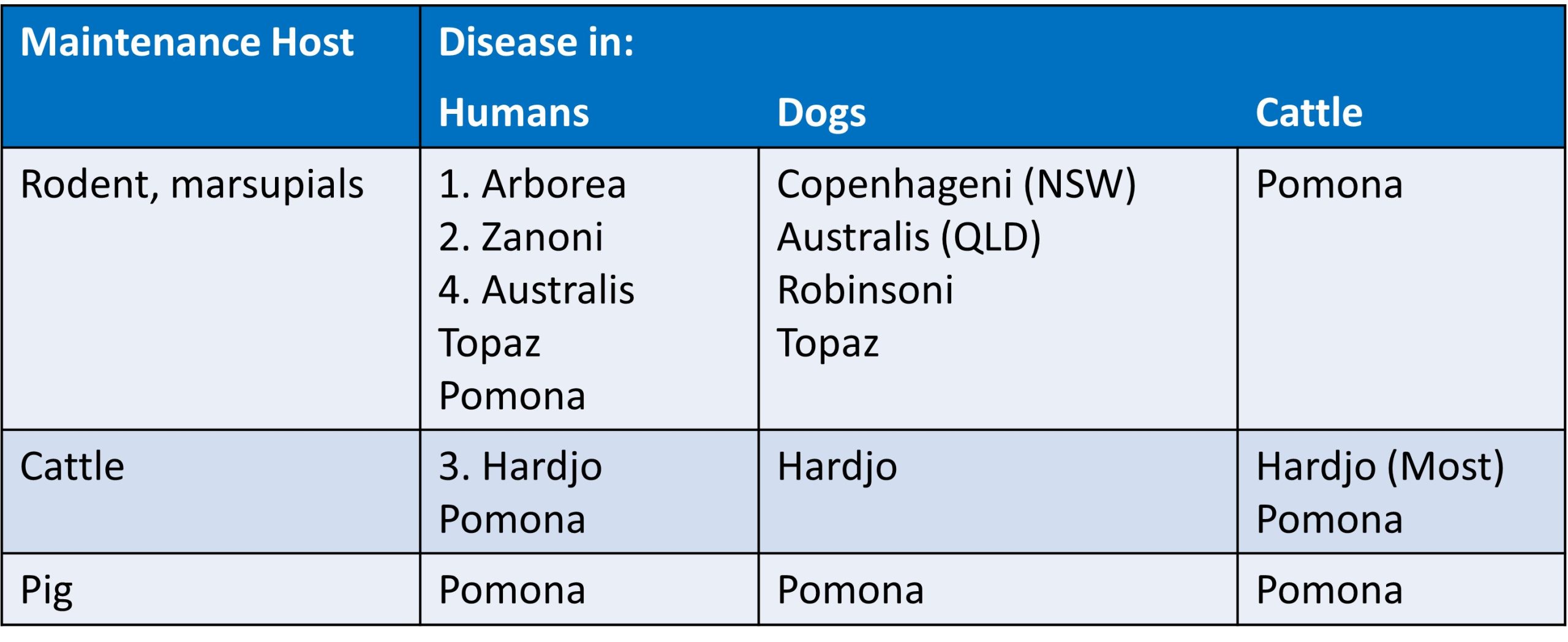 Reported serovar distribution in people, dog and cattle in Australia