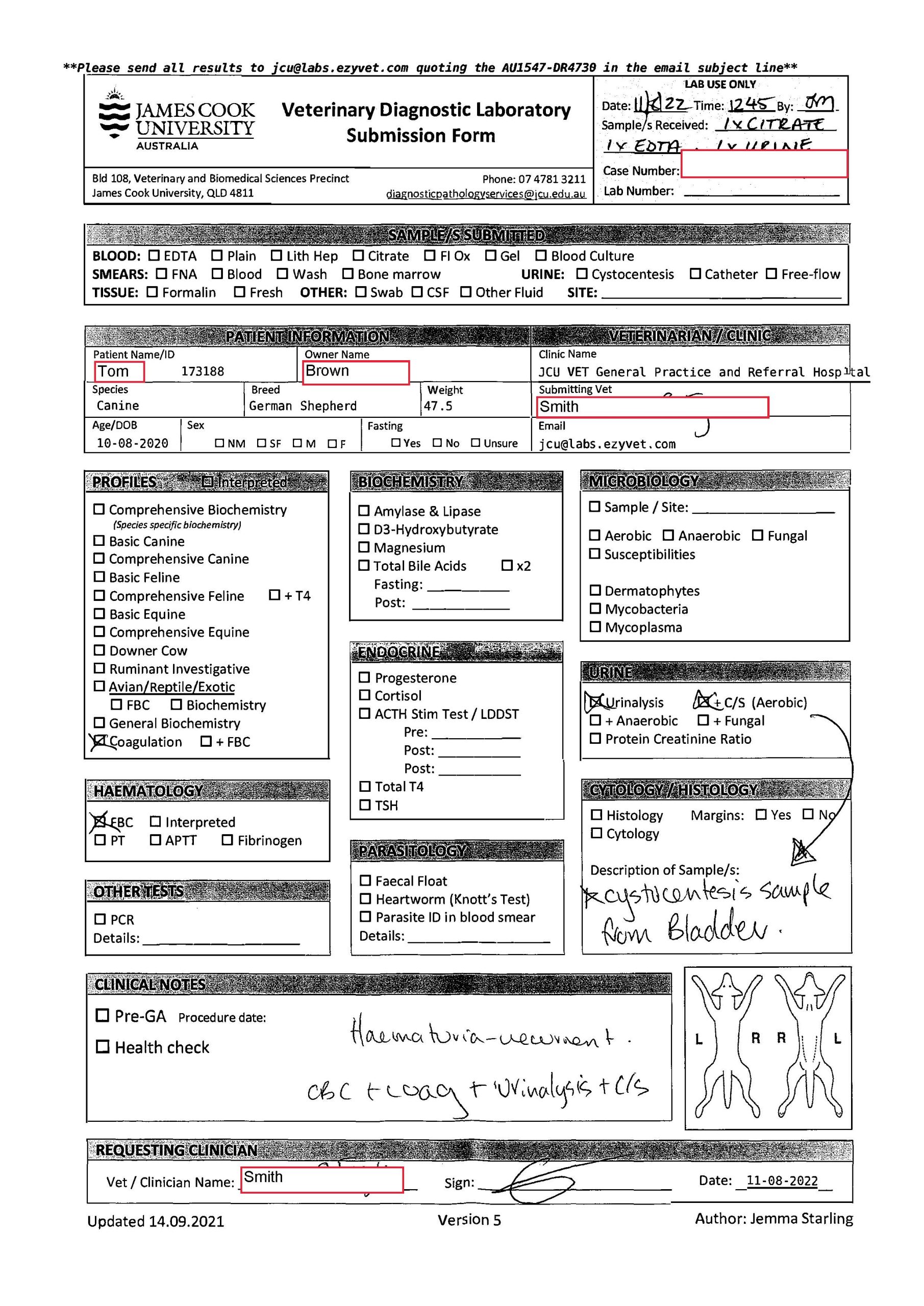 Veterinary Diagnostic Pathology Submission form