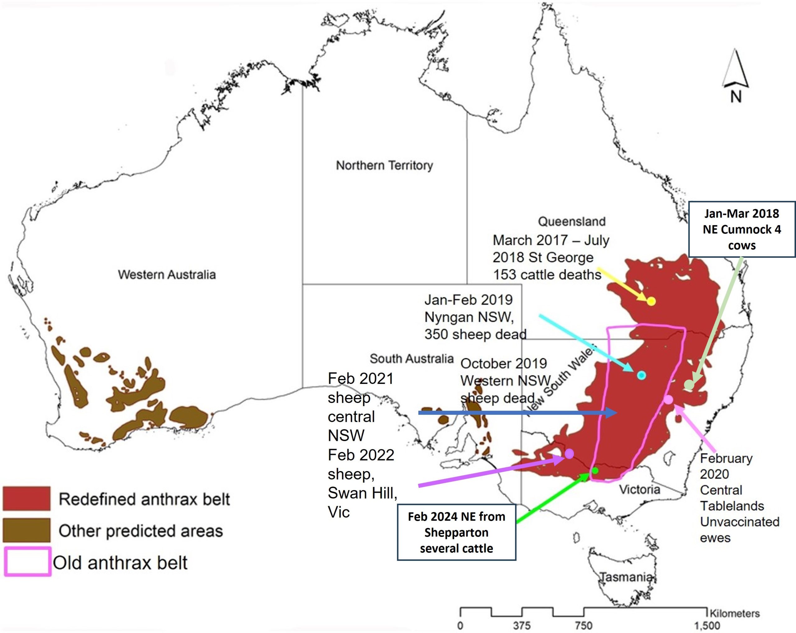 Geographic location of the anthrax belt in Australia and the more recent cases reported to the WOAH