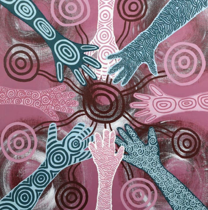 Painting shows numerous hands coming together in a central place