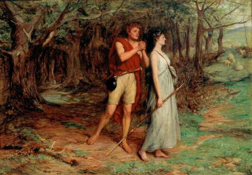 Painting of Silvius and Phoebe standing together in a wood. Silvius, pleading, looks at Phoebe who is turned away from him.