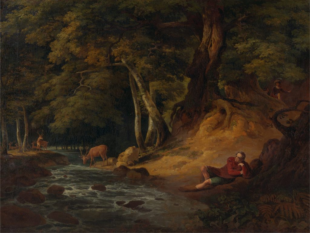 painting shows Jaques lying by a stream near the stag in As You Like It Act Two Scene 1