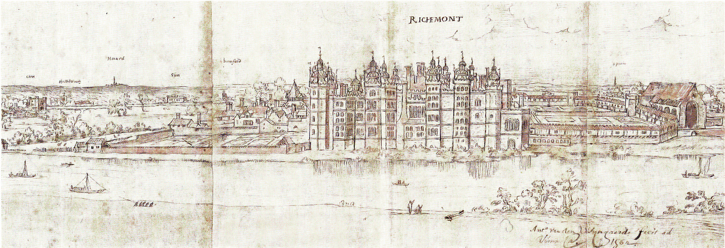 A drawing of Richmond Palace. From left there is a Great Kitchen with a pointed roof, main Palace Donjon, Galleried gardens, Ruined church of Friars Observant founded in 1502.