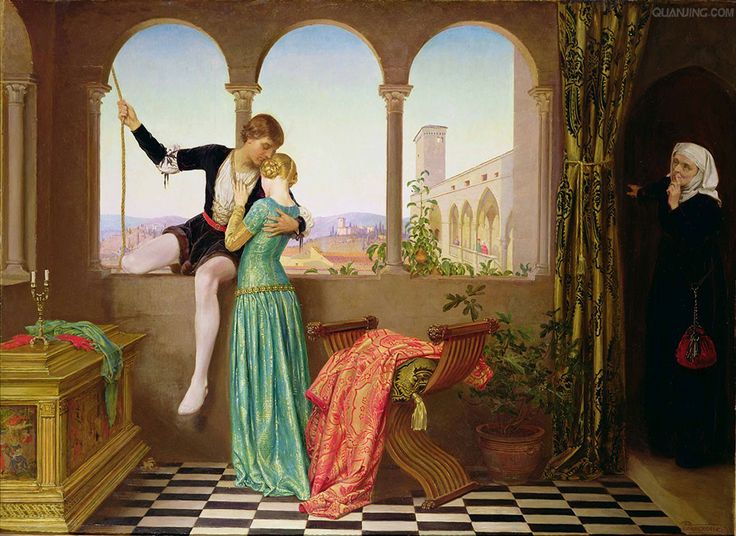 Romeo's departure after his banishment. He holds Juliet while her nurse looks on