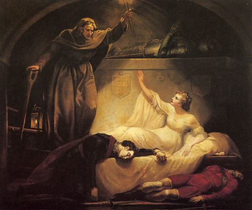 In the monument belong to the capulets, Friar Laurence flees. Romeo and Paris lie dead