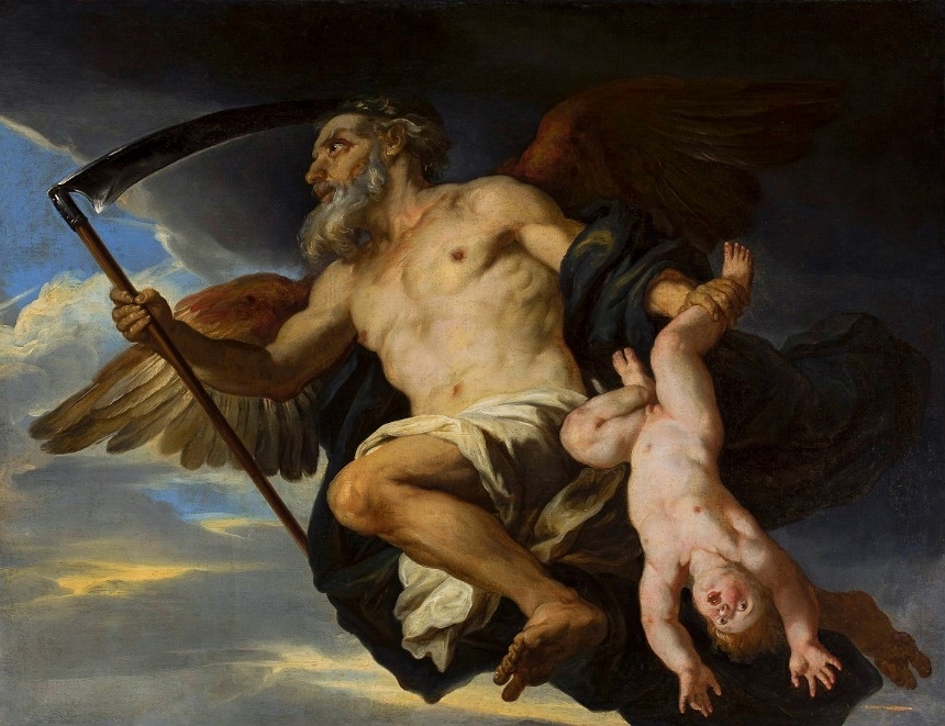 Titan Cronus, in flight with wings, as Father Time wielding the harvesting scythe. In his left hand he clutches an upsidedown naked boy by the ankle.