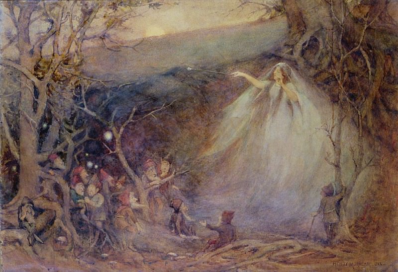 painting of and ethereal Queen Mab, the fairy from Mercutio's famous speech. She holds a wand over a group of fairies clustered within tree roots in the forest