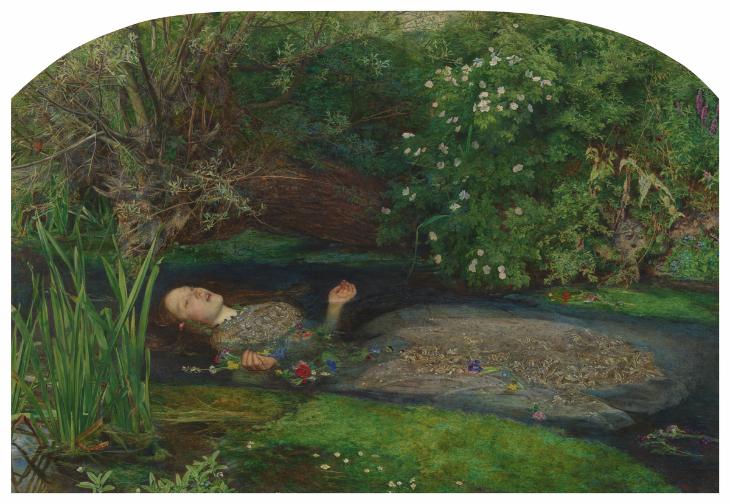 The painting depicts the scene from Shakespeare's Hamlet, Act IV, Scene vii, in which Ophelia, driven out of her mind when her father is murdered by her lover Hamlet, falls into a stream and drowns. She float, face up, still holding the flowers she picked