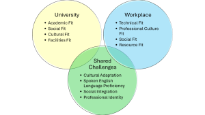 Three concentric circles. The first circle has a list of elements that influence university life: academic fit, social fit, cultural fit and facilities fit. The second circle has a list of elements that fit workplace culture: Technical fit, professional culture fit, social fit and resource fit. The final circle has a list of shared challenges across university and work: cultural adaptation, spoken English language proficiency, social integration and professional identity.
