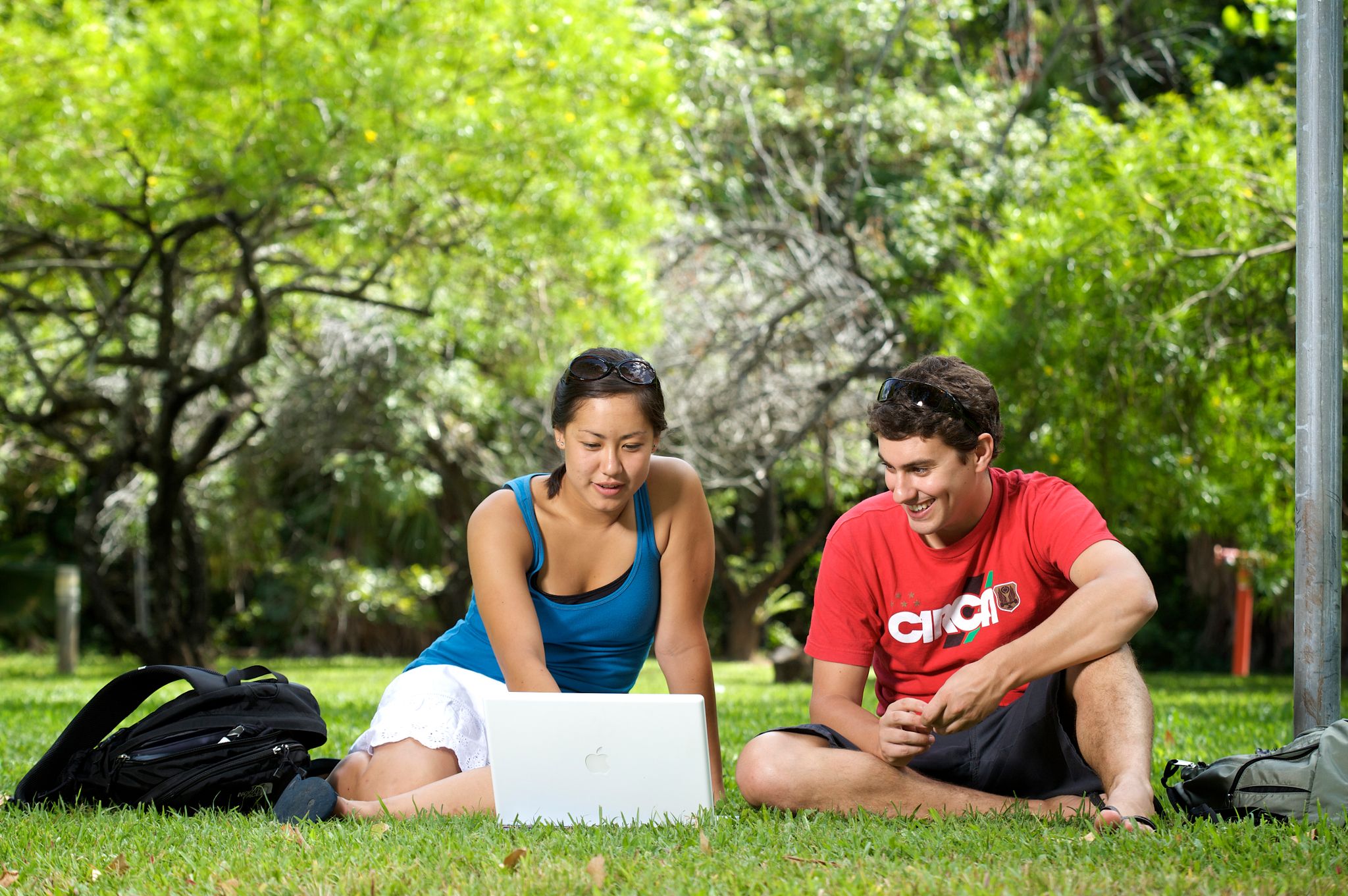 A woman and man sit on the grass reading and studying on a laptop