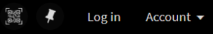 Screen shot of the top corner of the One Search Screen, showing the favourites pin, Log in option and Account drop down