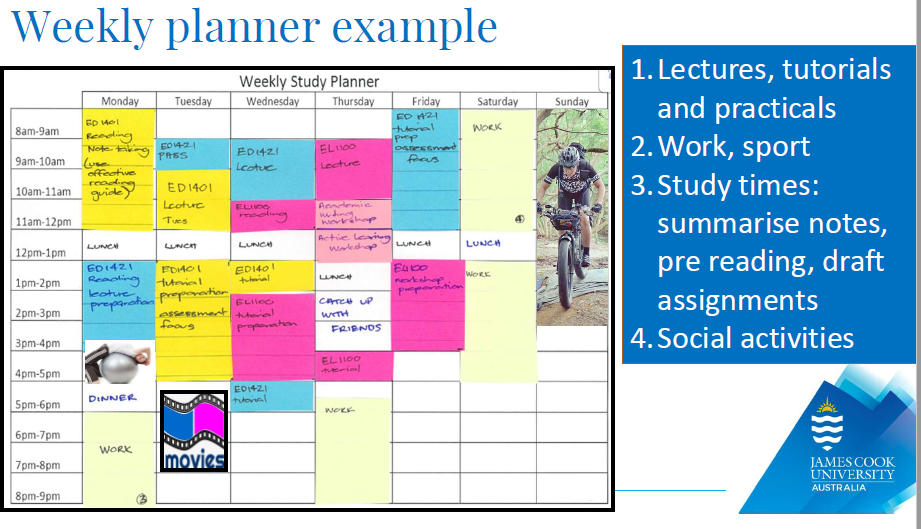 student weekly planner example with lectures, tutorials and practicals, work, sport, study times, social activities detailed.