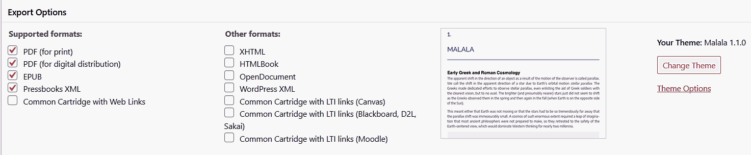 Screenshot of Pressbooks export options. 4 supported formats are ticked: PDF for print, PDF for digital distribution, EPUB, and Pressbooks XML.