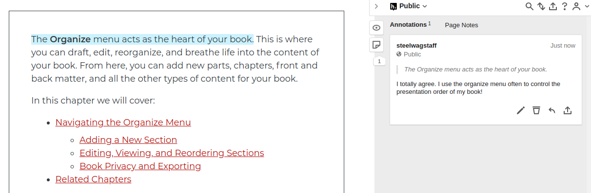 Screenshot of annotation appearing on the side of a Pressbooks page
