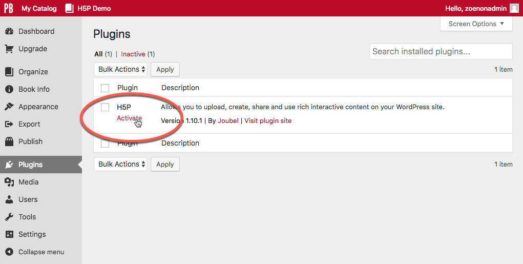 Screenshot showing the activate h5P button under the plugins tab